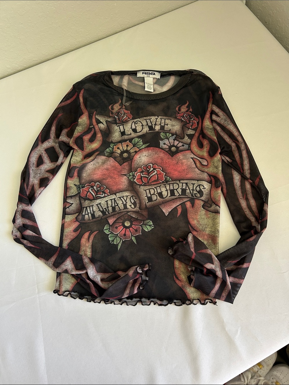 Y2K RSQ Tattoo Mesh Top Flame Heart Grunge Fairy Small